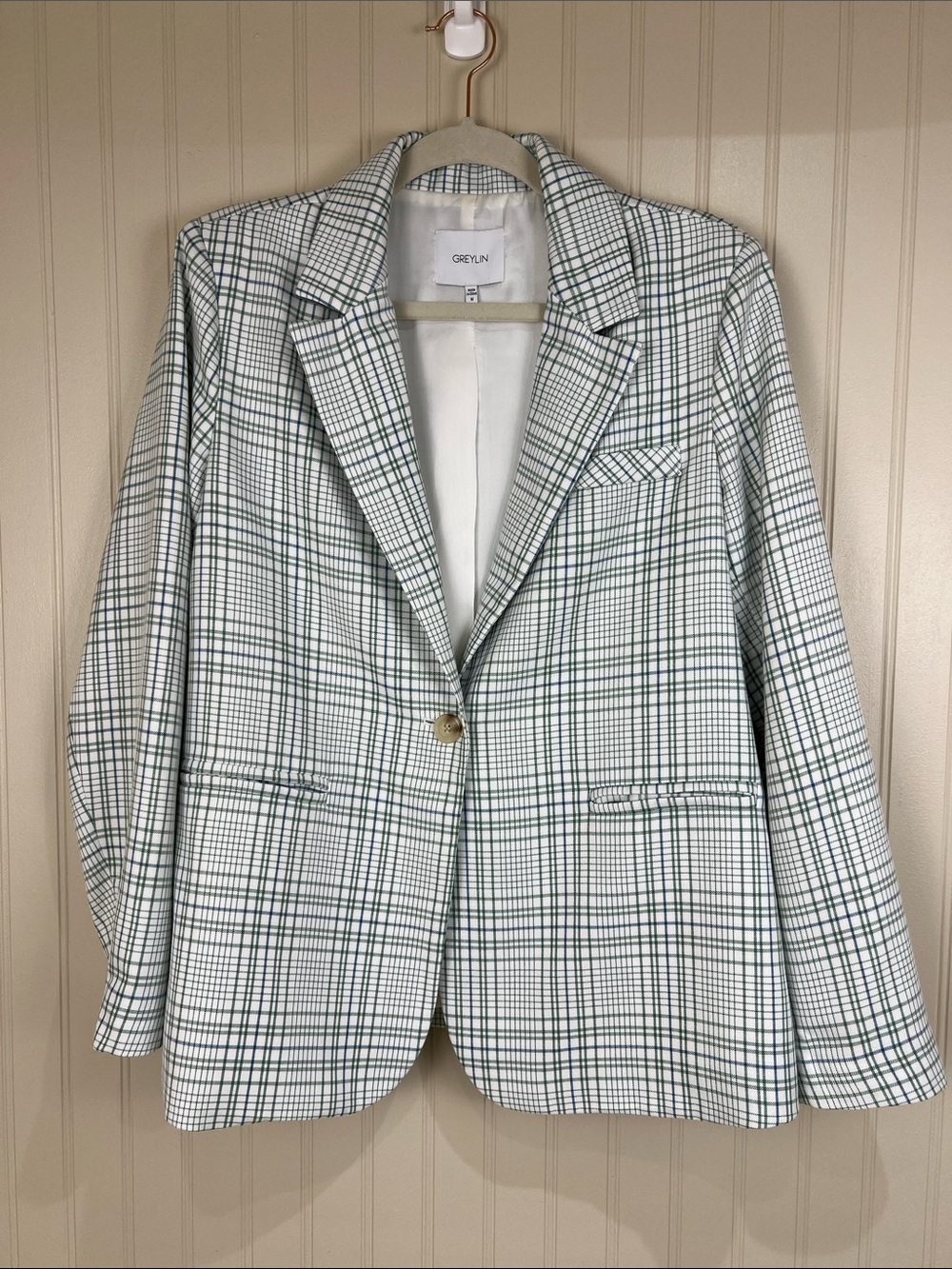 Greylin Anthropologie White Green Academia Plaid Single Button Blazer Medium